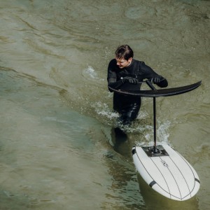 Foil-surfboard-in-the-river